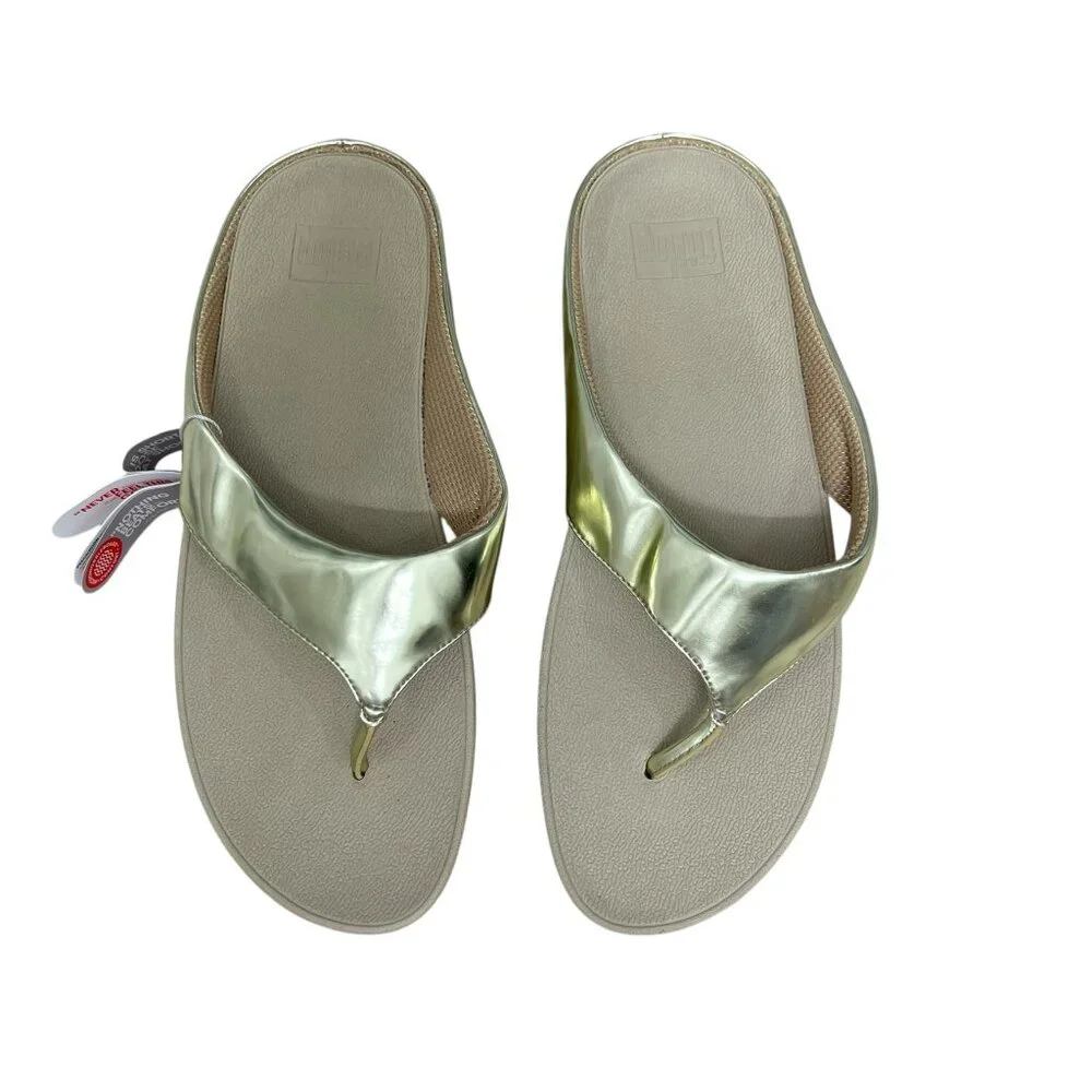 NWT Fitflop Ringer Leather Gold Metallic thong women's wedge sandals size 10